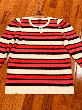 Talbots Striped Rib Knit Sweater - Pink, White & Black